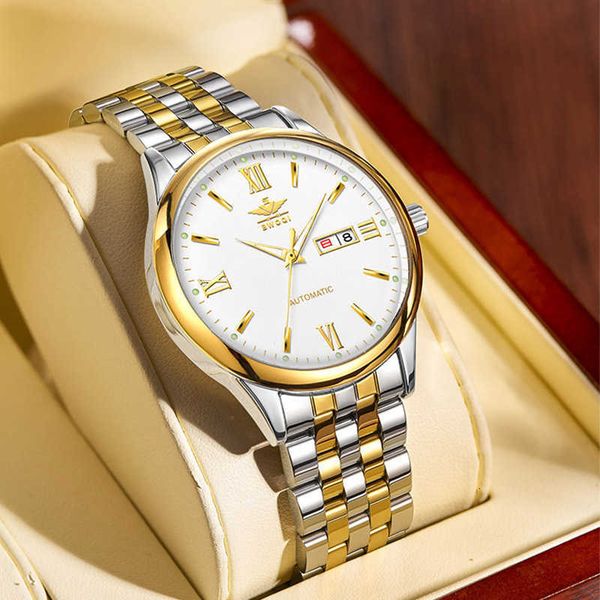 

watch wrist bwoqi / bewoqi men's waterproof automatic mechanical double calendar luminous solid steel band butterfly buckle watch, Slivery;brown