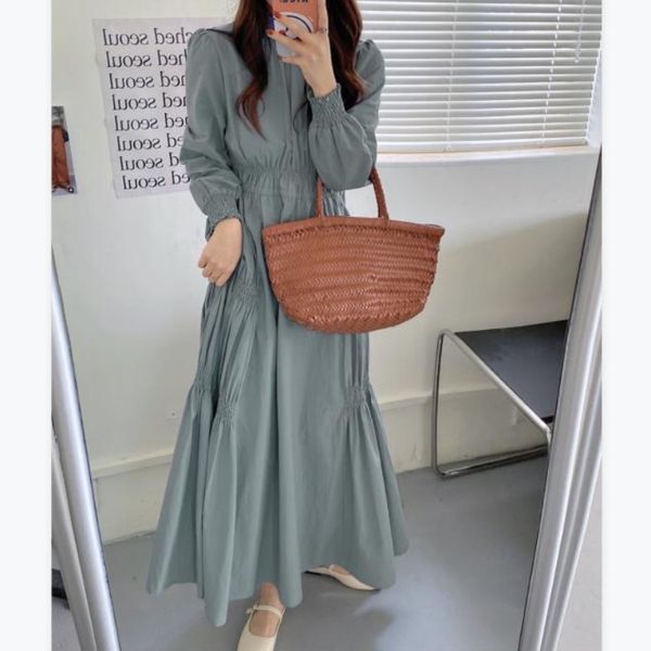 

party dresses vintage puff long sleeve maxi women elegant oneck shirring slim fit chic black autumn streetwear winter vestidos 221203, White;black