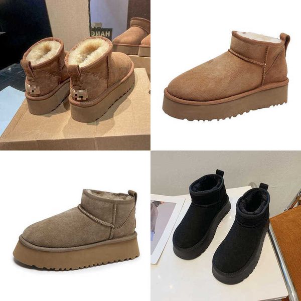 

boots designer snow boots women's thick soled outer woolen shoes 22 winter style fur integrated round toe muffin short plush, Black