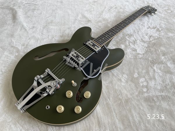 

electric guitar hollow body jazz solid green color with bigsby long tail chrome parts hh pickup black pickguard ebony fingerboar