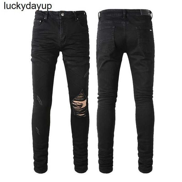 

men's jeans designer amirs fashion brand black broken patch elastic small feet male loose streetwear jeans, Blue