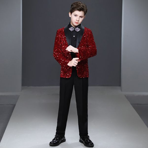 

suits boys spring autumn formal suit set child british piano show host catwalk party wedding costume kids sequined blazer pants 221205, Black