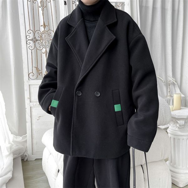 

men's wool blends winter double breasted woolen coat men warm fashion casual short woolen coat men korean loose woolen blazer mens over, Black
