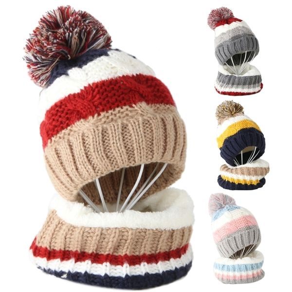 

scarves wraps kids winter 2pcs cable knit beanie hat scarf set cute pompom contrast color stripes skull cap plush lined neck warmer 221205, Red;brown