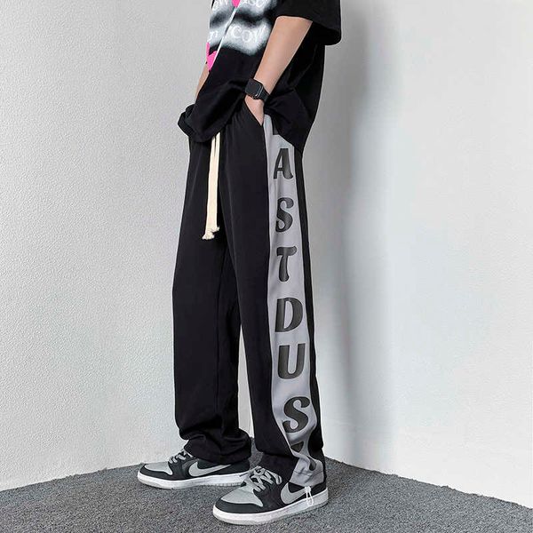 

men's pants letter printed mopping sweatpants men's elastic waist casual pants men fashion streetwear ice silk wide leg pants mens, Black