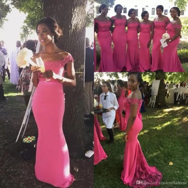

2023 fuchsia bridesmaid dresses off the shoulder chiffon lace applique custom made floor length maid of honor gown country beach wedding wea, White;pink