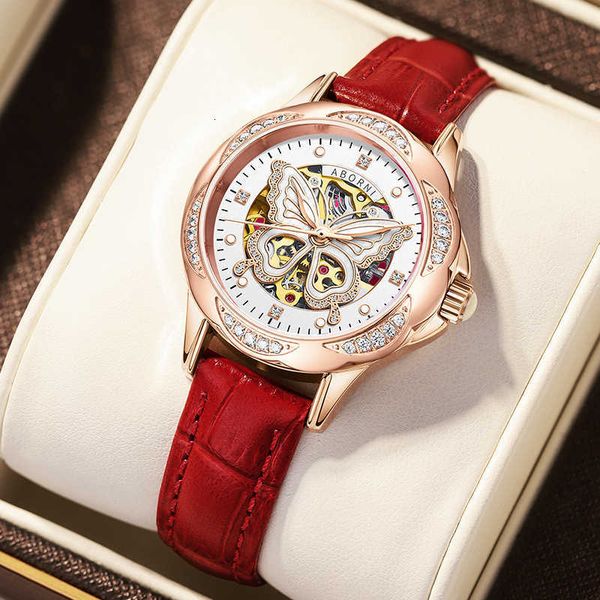 

watch wrist switzerland's new hollow out automatic tourbillon mechanical women's fashion diamond inlaid luminous waterproof women&, Slivery;brown