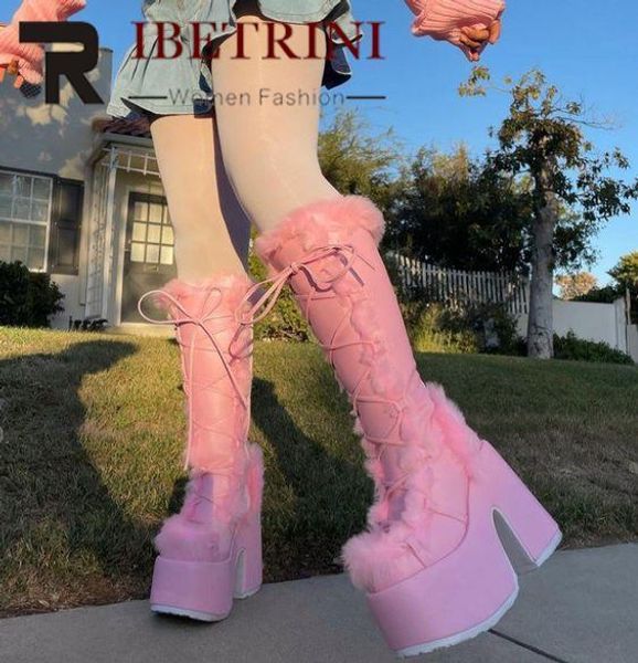 

boots snow for women fur furry fashion platform chunky heel goth knee high med calf winter autumn shoes pink sugar 221205, Black