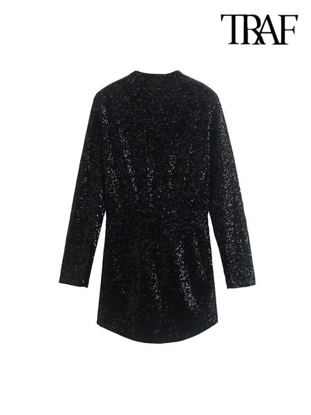 

party dresses traf women fashion shiny sequin mini dress vintage v neck long sleeve female vestidos mujer 221203, White;black