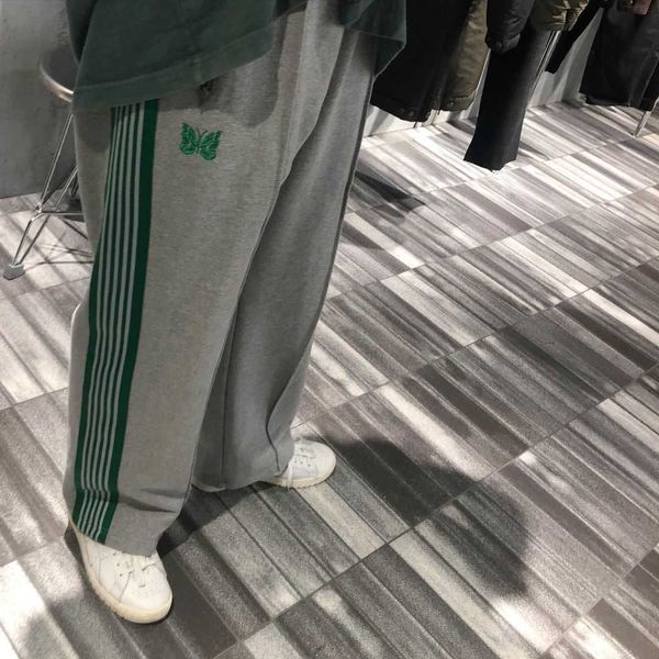 

men's pants needles ribbon grey track pants men women 1 1 green webbing stripe embroidery butterfly sweatpants stripe trousers t221205, Black