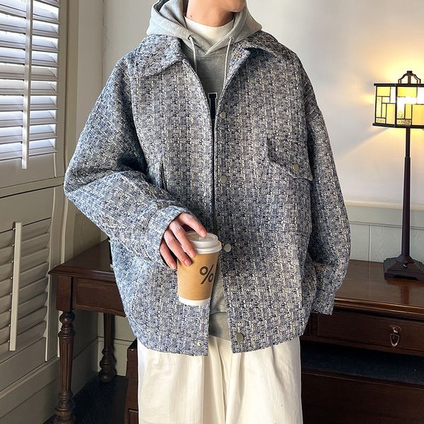 

men's wool blends autumn winter woolen coat men warm fashion retro plaid woolen jacket mens streetwear korean loose short woolen coat m, Black