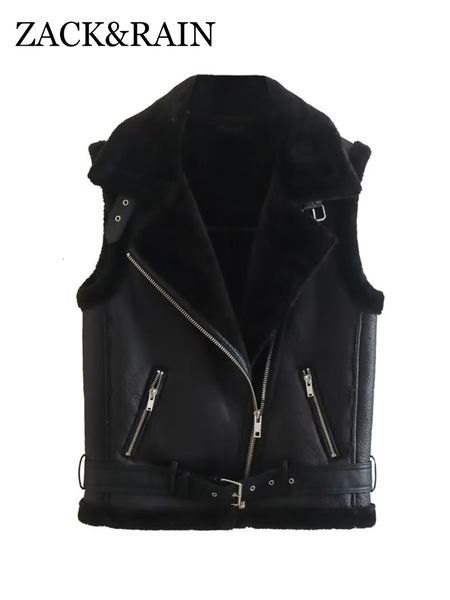 

womens leather faux zack rain women oversize fur jacket vest fallwinter ladies warm waistcoats with belt buckle loose female outwear 221205, Black