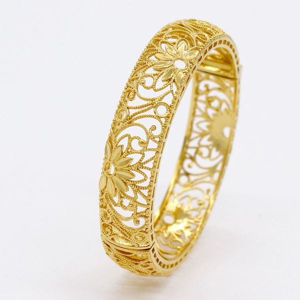 

14mm thick wide bracelet bangle for women girls wedding party hollow flower pattern 18k yellow gold filled luxury lady jewelry, Golden;silver