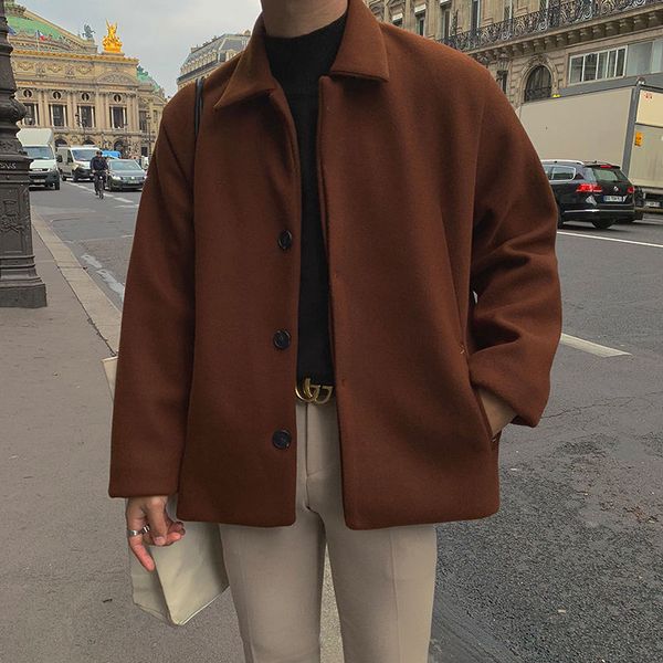 

men's wool blends winter thicken woolen coat men warm fashion solid color casual woolen jacket men streetwear korean loose short woolen, Black