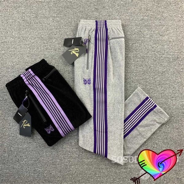 

men's pants purple striped webbing needles pants 2022 men women embroidery butterfly grey needles awge pants zip pocket velvet trousers, Black