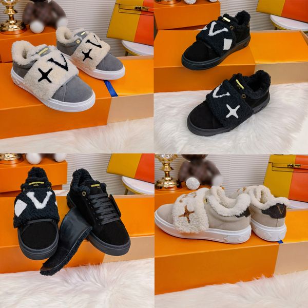 

full fur shoes men women casual shoe warm winter trainers woolen letter flats platform floral embossed sports shoes lace up designer sneaker, Black