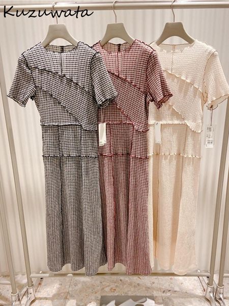 

party dresses kuzuwata plaid slim waist summer temperament women vestidos fungus o neck short sleeve patchwork back bandage robes 221203, White;black