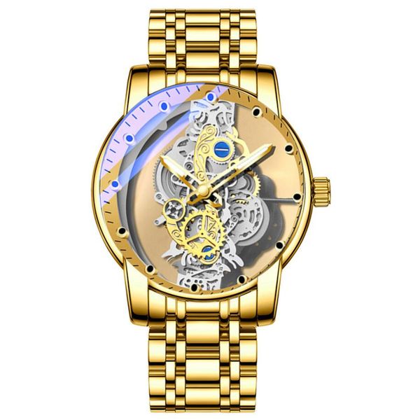 

brand gold watch men's hollow quartz watch stainless steel band waterproof luminous fashion watches relogio masculino, Slivery;brown