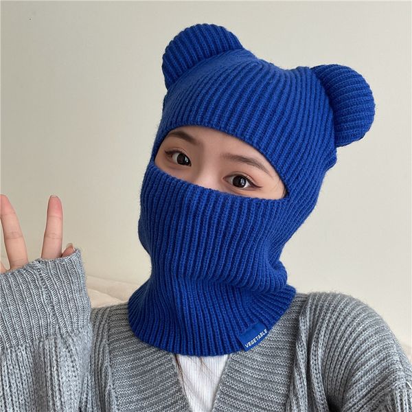 

beanie/skull caps balaclava hat autumn and winter knitted pullover cap bear ears outdoor warm riding windproof integrated scarf beanie hats, Blue;gray