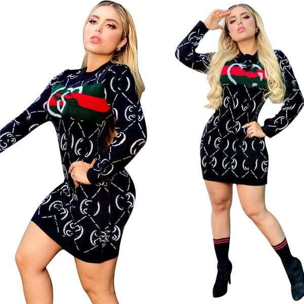 

2023 designer sweater dresses women fall winter clothes brand one piece outfit bodycon mini dress print knit dress club robes long sleeve ve, White;black
