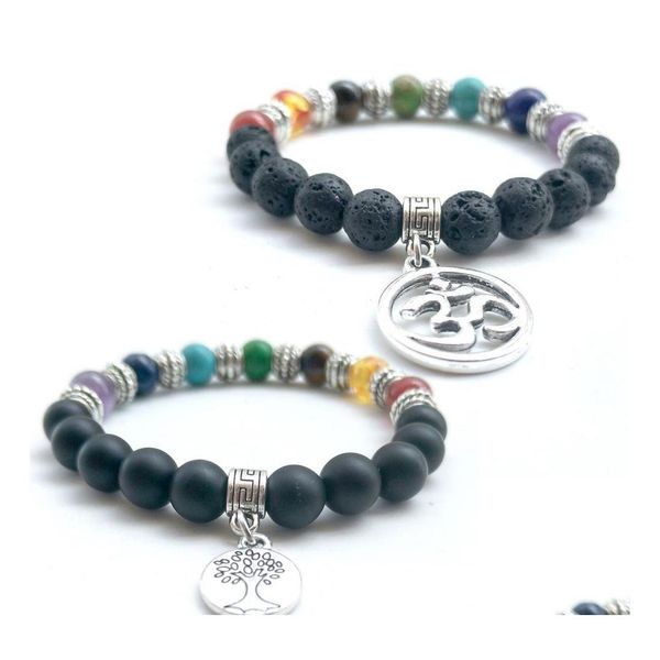 

beaded seven chakras lava rock beaded bracelets fashion natural black agate stone charm jewelry tree of life om pendant punk cuffs b dhays