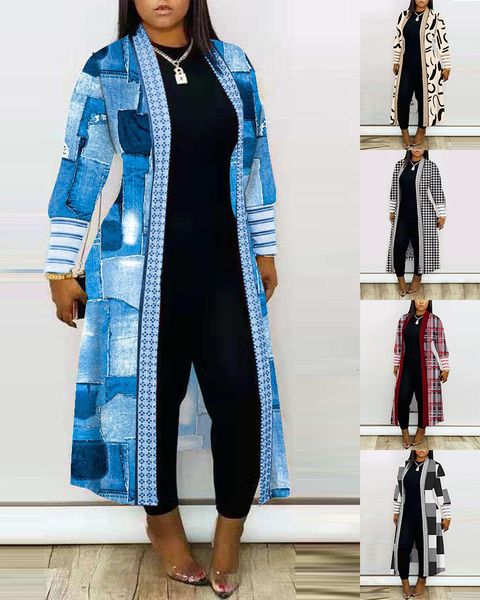 

womens trench coats winter clothes for fashion vintage printed long sleeve patchwork coat autumn cardigan 221205, Tan;black