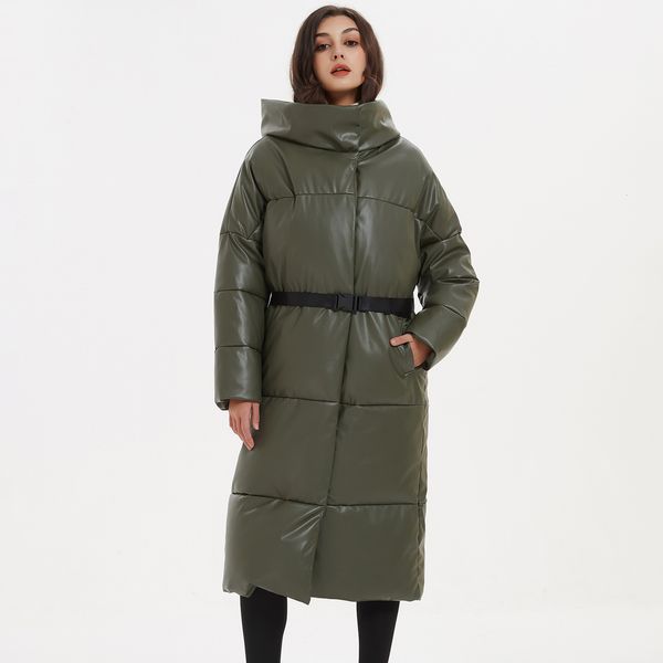 

women s down parkas malina hooded pu fashion tie belt coats elegant solid faux leather slim long cotton jackets female ladies 221205, Black
