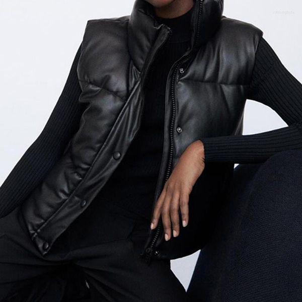 

women's vests black warm faux leather vest women 2022 autumn winter fashion zipper sleeveless coat female casual short outwear ladies, Black;white