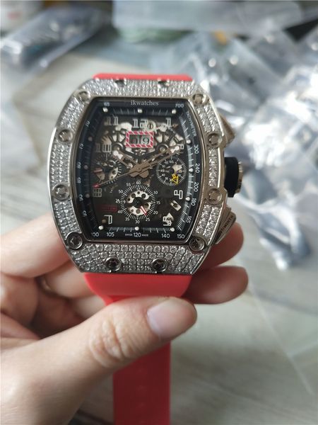 

men's watch master stainless steel case mechanical automation red rubber strap hollow movement ikwatches transparent back glass diamond, Slivery;brown