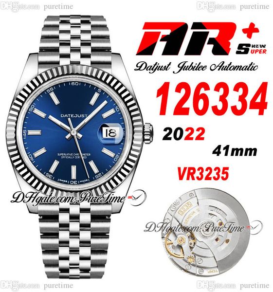 

arf 126334 41 vr3235 automatic mens watch date fluted bezel blue stick dial 904l jubileesteel bracelet super edition same serial warranty ca, Slivery;brown