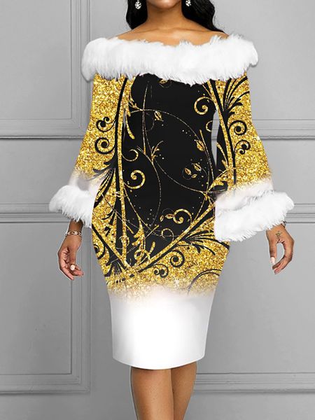 

party dresses ladies slash neck flare sleeve women elegant print slim bodycon vintage femme knee length vestidos 221203, White;black