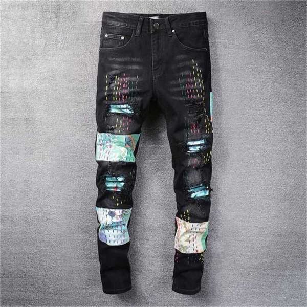 

men's jeans designer mens cool style luxury fashion embroidered patches denim pant distressed ripped biker black blue men slim pencil j