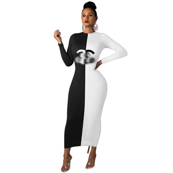 

designer dresses women brand one piece outfits bodycon maxi dress print party club robes black white panelled long sleeve vestidos fall wint, White;black