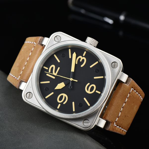 

men's sports machinery br watch ultra-thin alloy square dial full function waterproof world time leather with ross watch, Slivery;brown