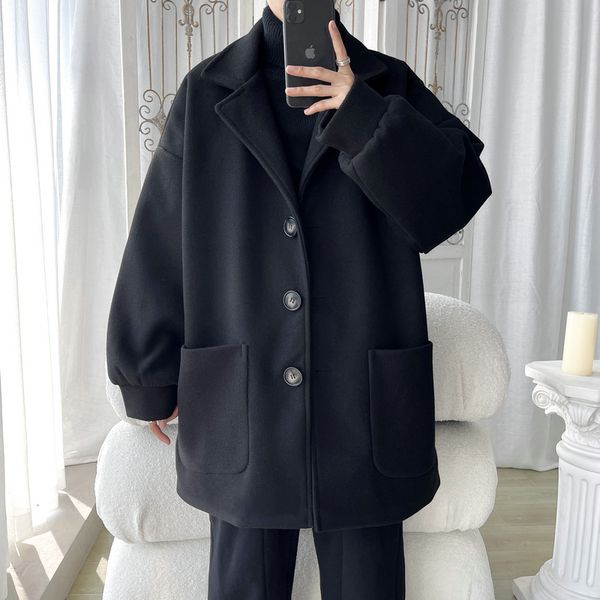 

men's wool blends winter thick woolen coat men warm fashion oversized medium long woolen coat men korean loose woolen trench coat mens, Black