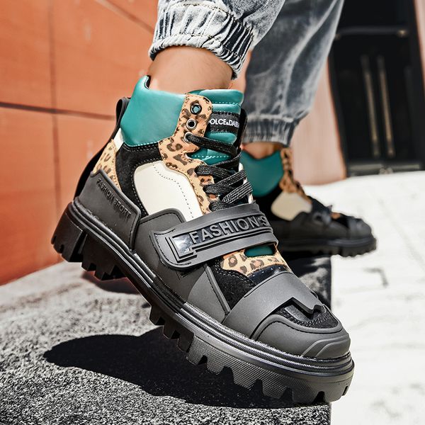 

fashion mixed colors mens martin boots leopard round toe motorcycle shoes casual botas man short ankle outdoors boot, Black