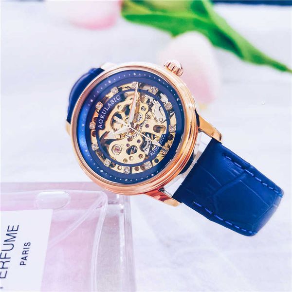 

watch wrist aogulas automatic mechanical double side hollow leisure leather women's fashion, Slivery;brown