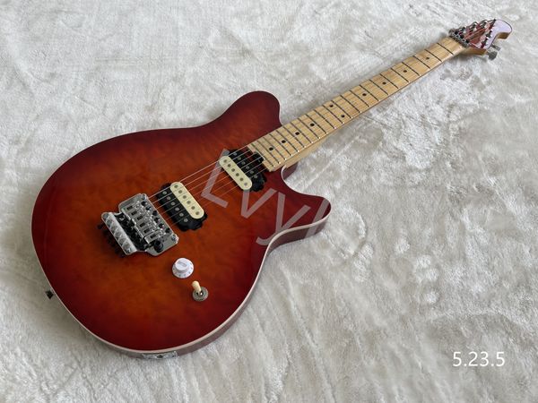 

electric guitar maple neck and fingerboard with quilt flame cherry burst zebra pickups floyd rose style tail bottom truss
