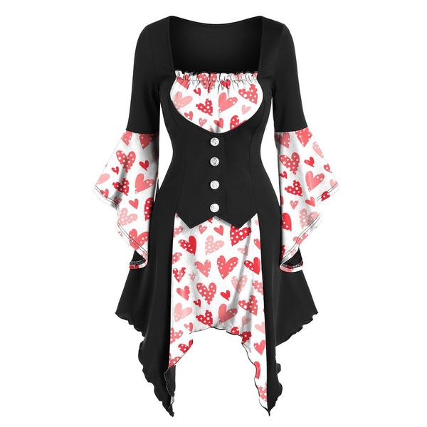 

party dresses vintage ladies girls fashion casual button sweet red heart love stitching flared sleeve autumn robe femme 221203, White;black