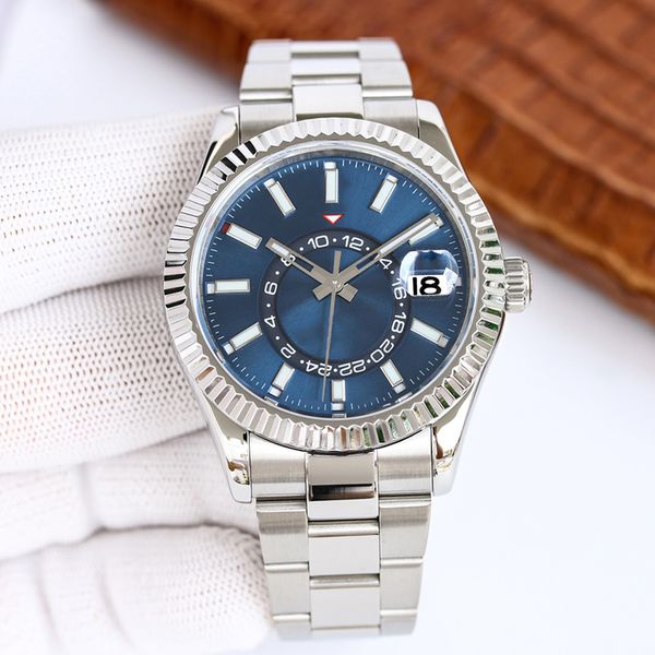 

sky mens watch internal rotation blue ceramic 40mm dial automatic movement 904l stainless steel automatic calendar sapphire mirror classic l, Slivery;brown