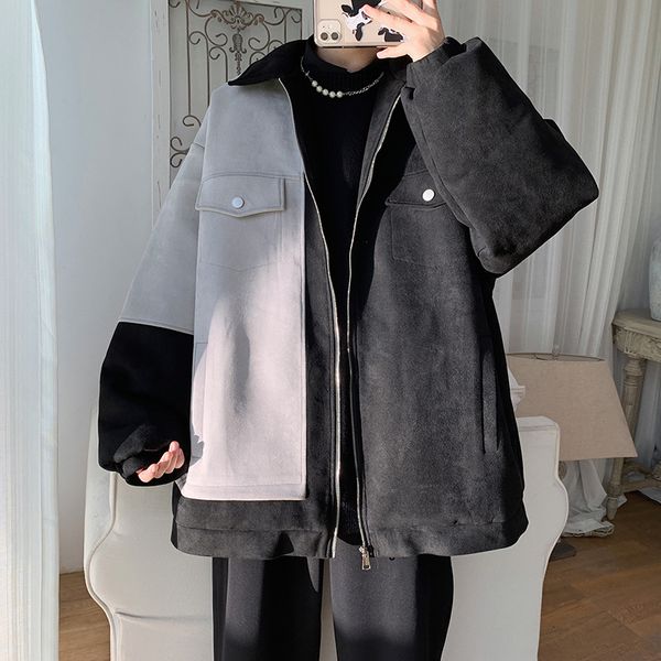 

men's wool blends winter thick woolen coat men warm fashion contrast thicken woolen jacket men streetwear korean loose short woolen coa, Black