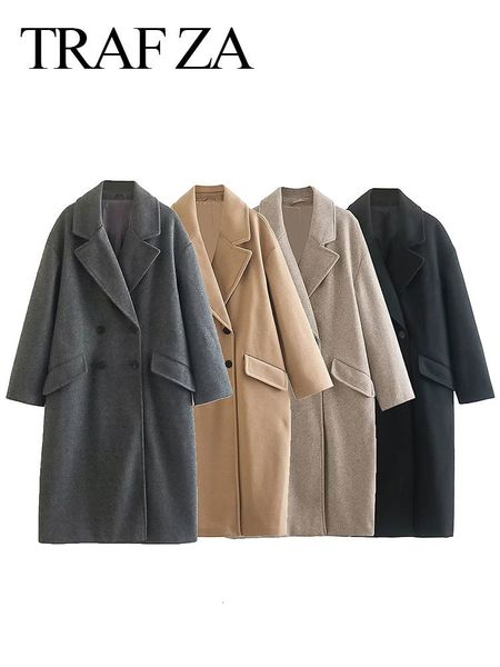 

womens wool blends traf za fashion double breasted woolen coat elegant solid color long sleeve suit collar loose female casual outerwear 221, Black