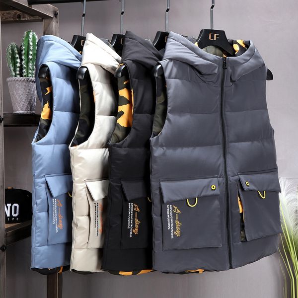 

men s vests warm double sided sleeveless jacket winter camouflage hood pocket insulated waistcoat plus size autumn male 221205, Black;white