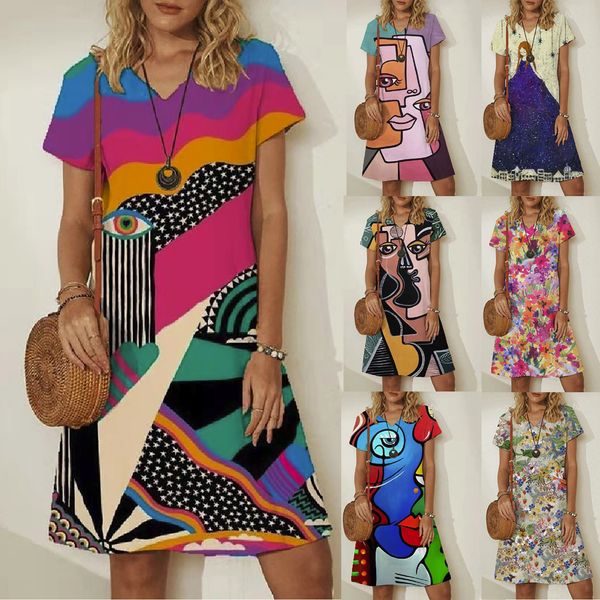 

party dresses s0 graphic pattern women fashion character print casual loose aline kneelength vneck short sleeve summer 221203, White;black