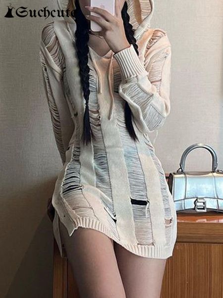 

party dresses suchcute korean fashion hollow out sweaters mini dress grunge solid streetwear hooded vintage long sleeve y2k outfits 221203, White;black
