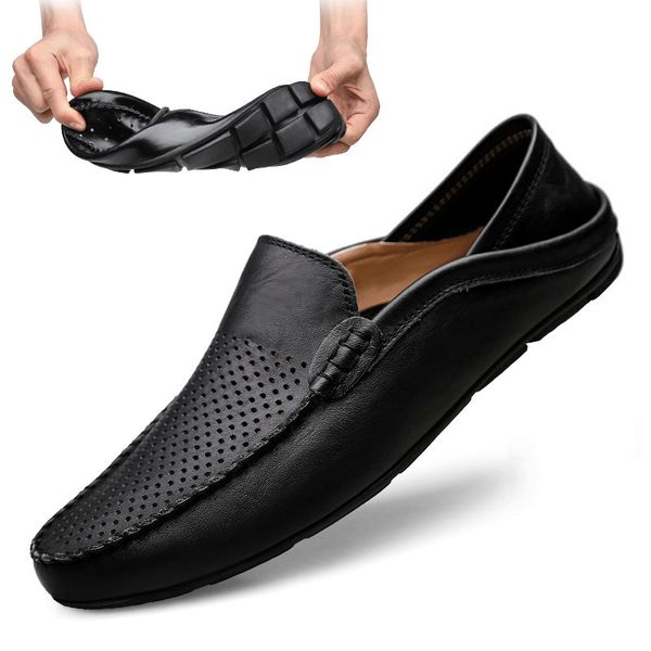 

dress shoes italian mens casual luxury brand summer men loafers genuine leather moccasins light breathable slip on boat jkpudun 221205, Black