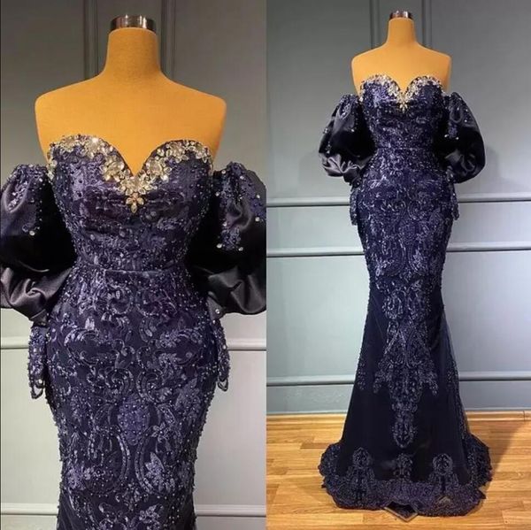 

navy blue evening dresses off shoulder long sleeves lace applique beaded mermaid plus size pleats aso ebi afircan prom gown, Black;red