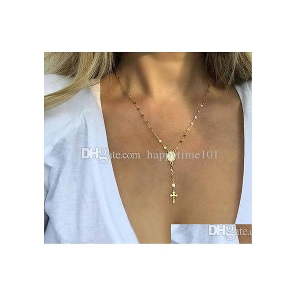 

pendant necklaces fashion womens y shape lariat necklaces cross blessed virgin mary pendant religion simple chain for ladies luxury dhiau, Silver