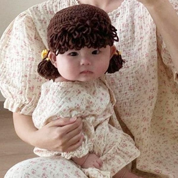 

caps hats autumn and winter children s knitted woolen girls bangs wig hat cute p o props for borns infant p ography accessories 221205, Yellow