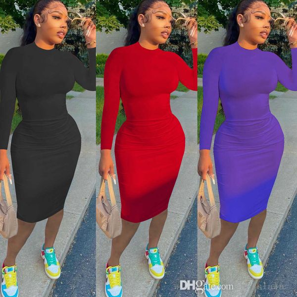 

2022 autumn womans dress solid color pit fabric medium length skirt temperament commuter long sleeve dresses, Black;gray